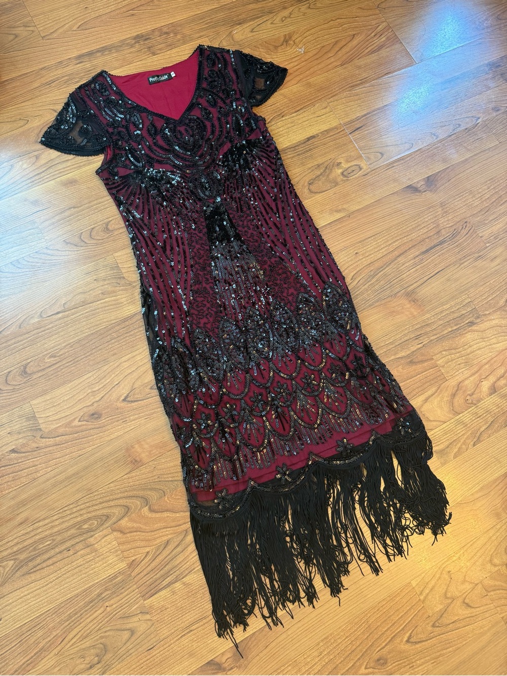 Sequin Fringe Midi Dress in Burgundy and Black